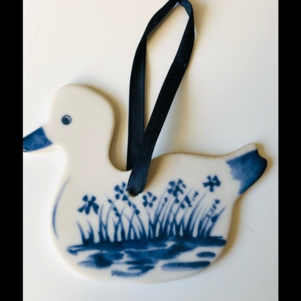 Russ White Glazed Ceramic Blue Floral Painted Duck Ornament